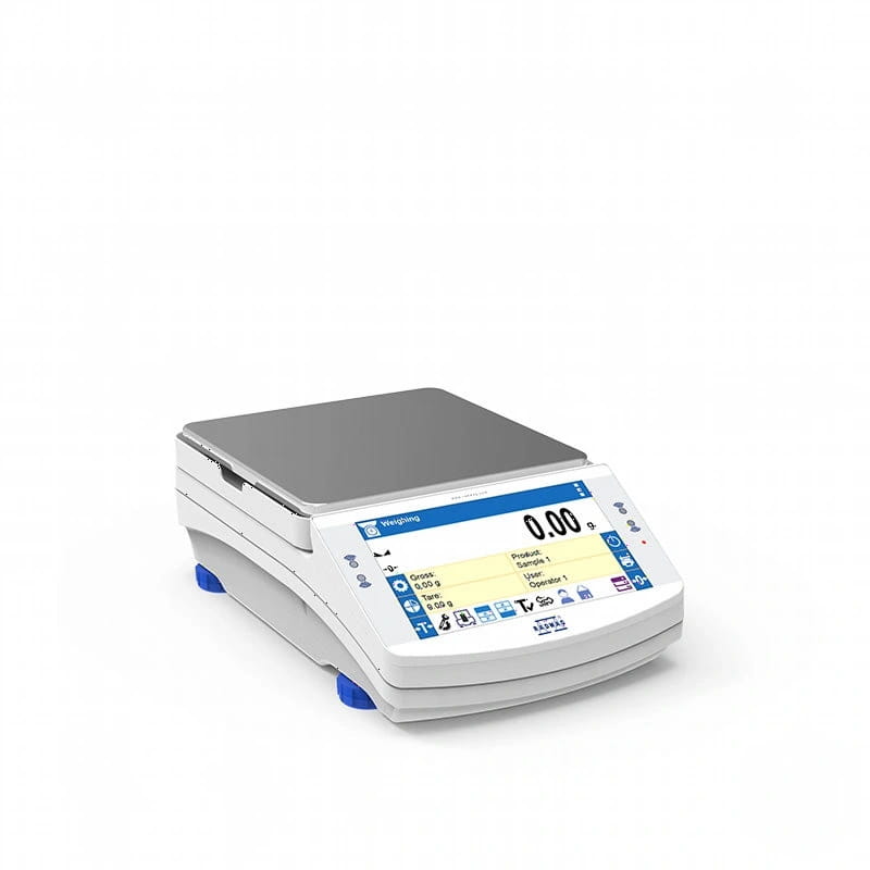 White digital analytical balance with a silver weighing platform and blue accents on the base