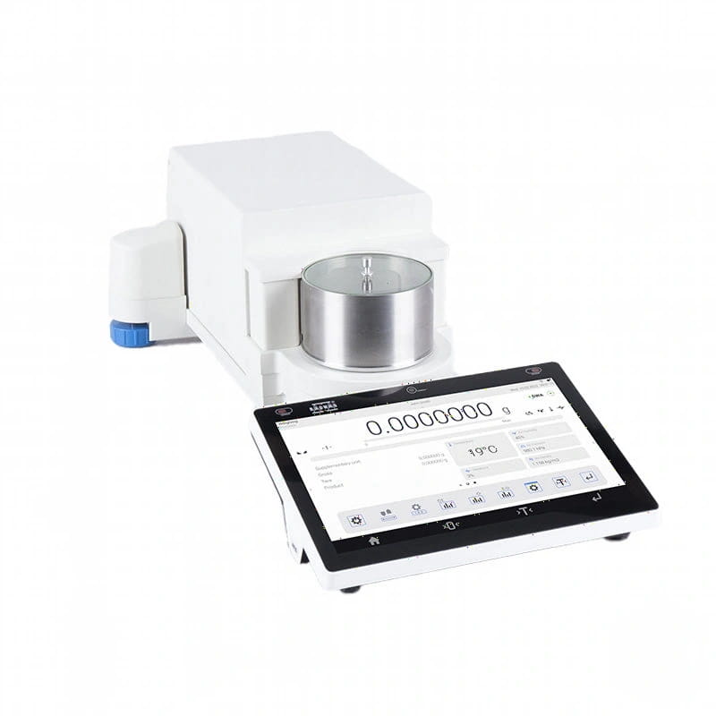White analytical balance with a stainless steel weighing pan and touchscreen display
