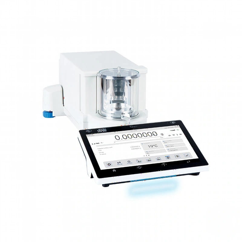 White laboratory precision balance with a digital touchscreen display and transparent sample chamber