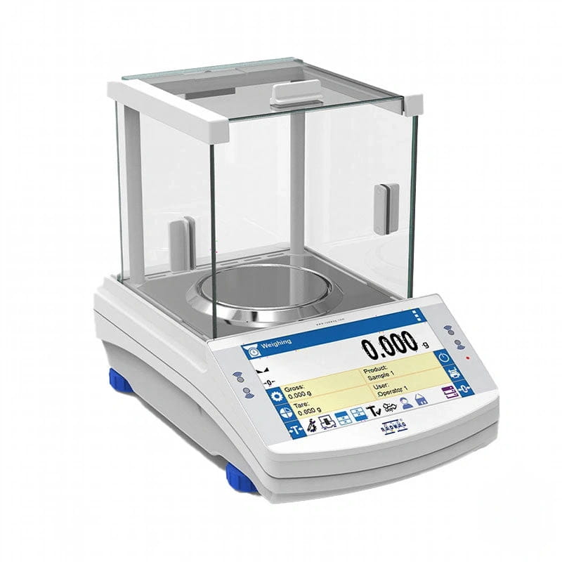 White analytical balance with a transparent glass draft shield and digital display showing ’0.000 g’