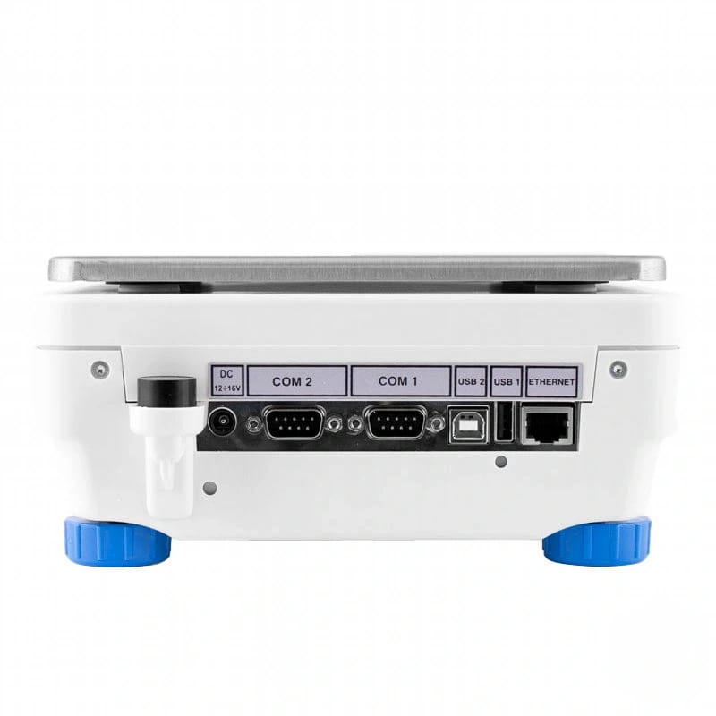 White digital scale with a silver weighing platform, blue adjustable feet, and multiple connectivity ports including usb 2.0, ethernet, and serial interfaces on the back panel