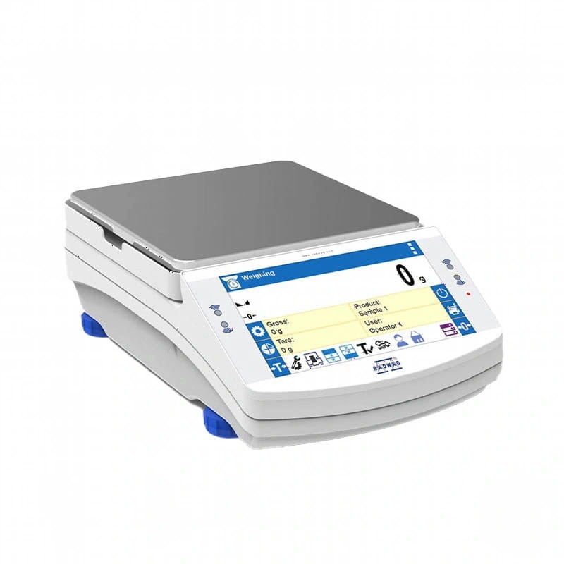 White digital analytical balance with a silver weighing platform and blue feet, featuring an lcd screen displaying weight readings