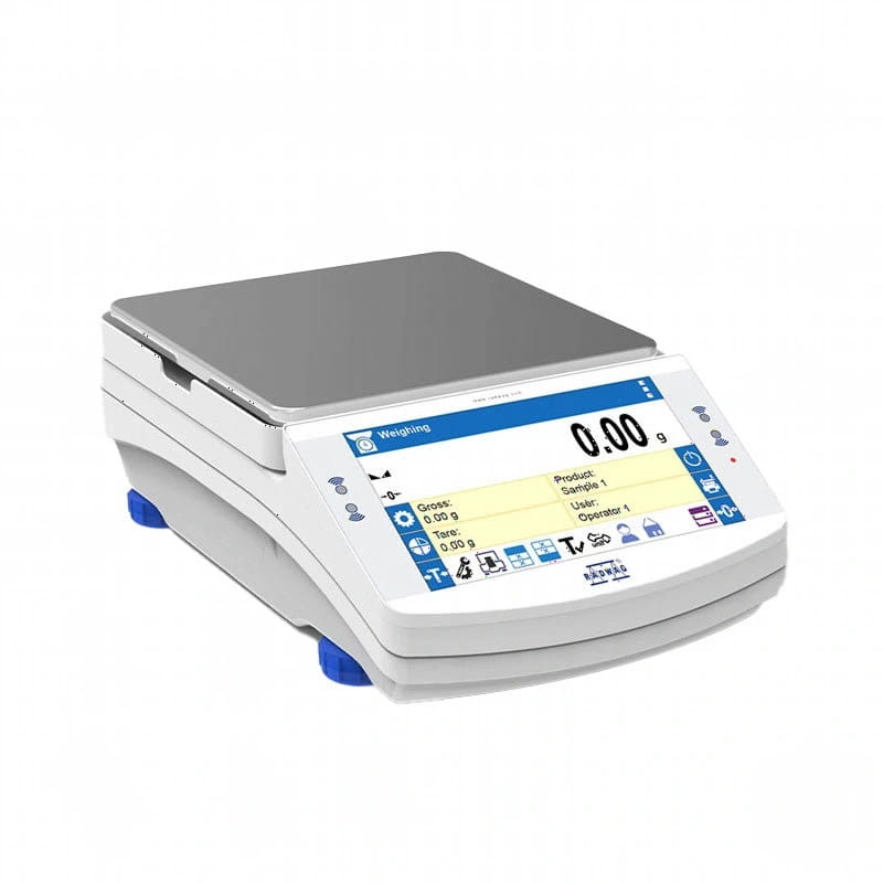 White digital analytical balance with a silver weighing platform and blue feet, featuring a touchscreen display showing measurement readings