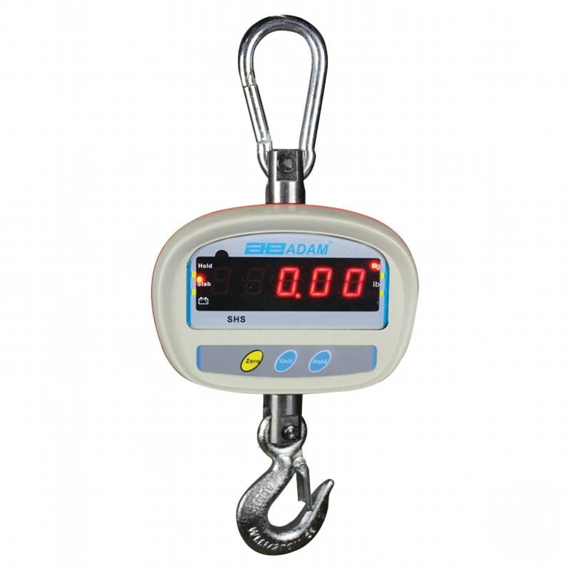 Be adam shs digital hanging scale with a beige housing, red led display showing 0.00 lb, and metallic hook attachments