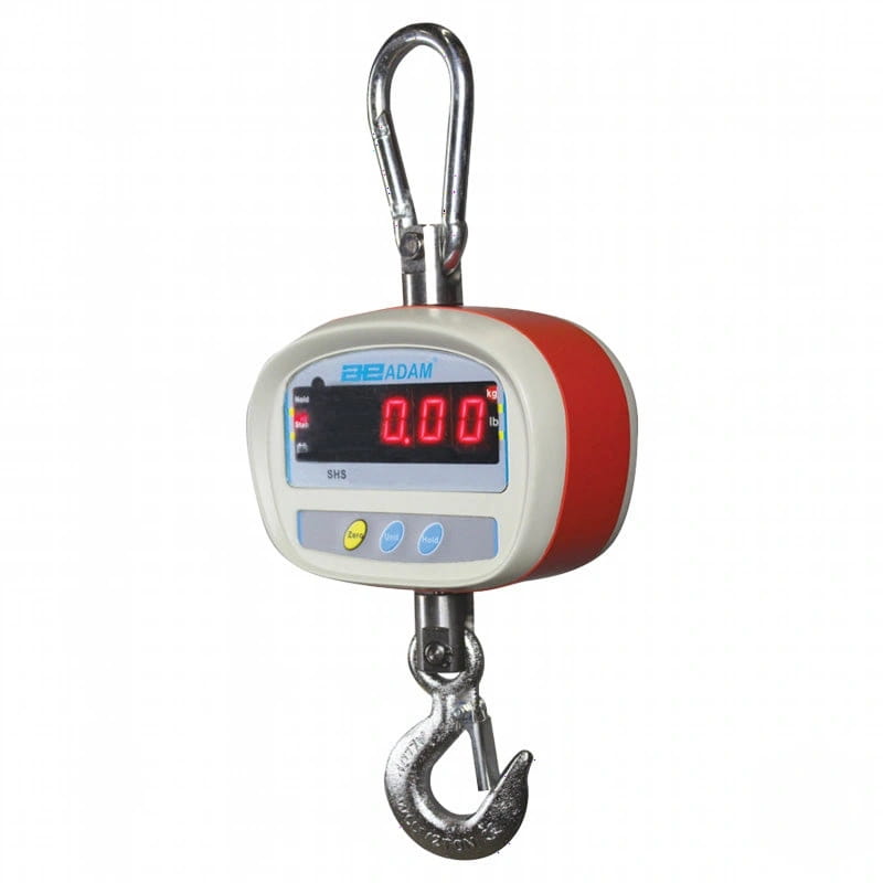 Red and white digital hanging scale with a metal hook at the top and bottom