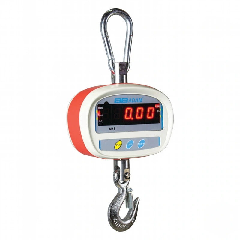 Red and white digital hanging scale with a silver hook at the bottom