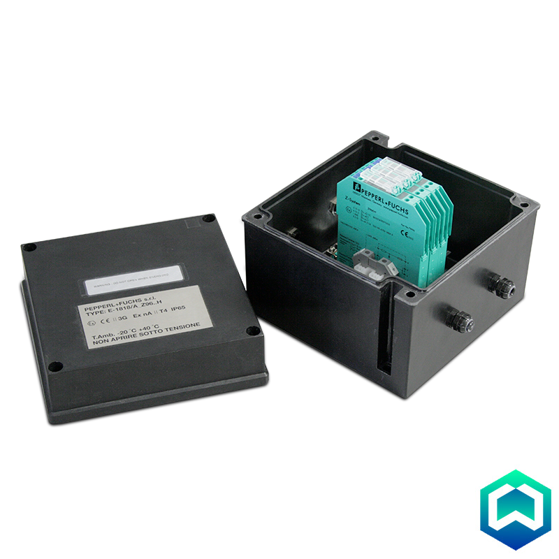 Kit of three intrinsic protection Zener barriers, for connection of devices in ATEX area with devices in safe area, housed in an ABS box.