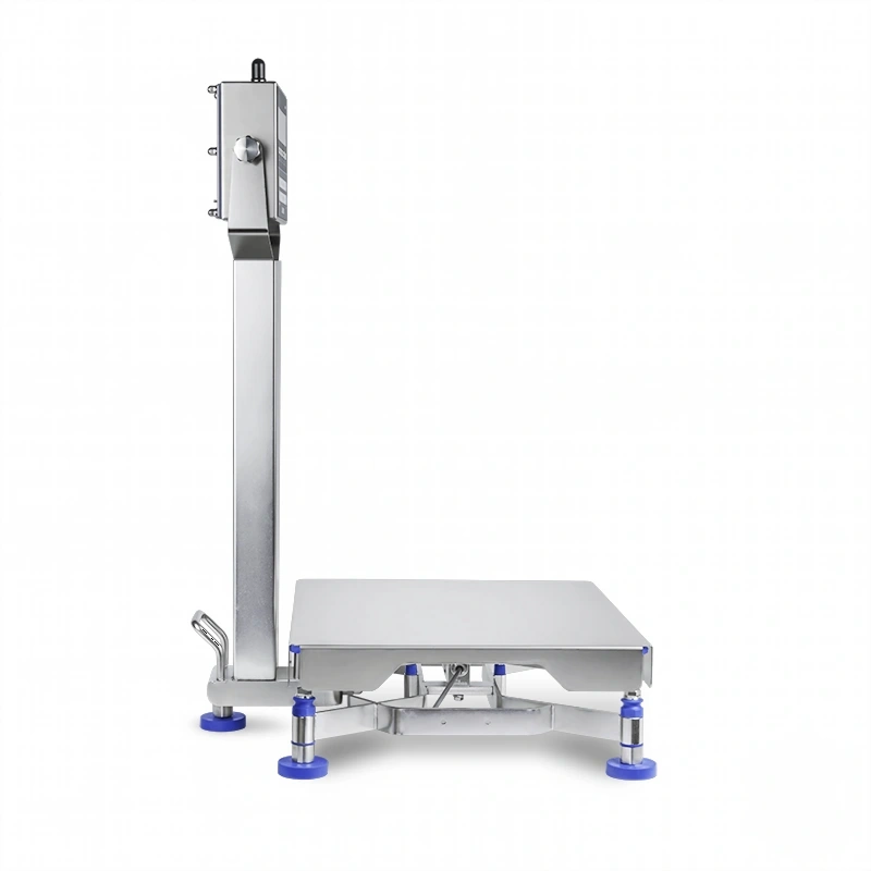 Industrial-grade stainless steel platform scale with a vertical load cell and blue rubber feet