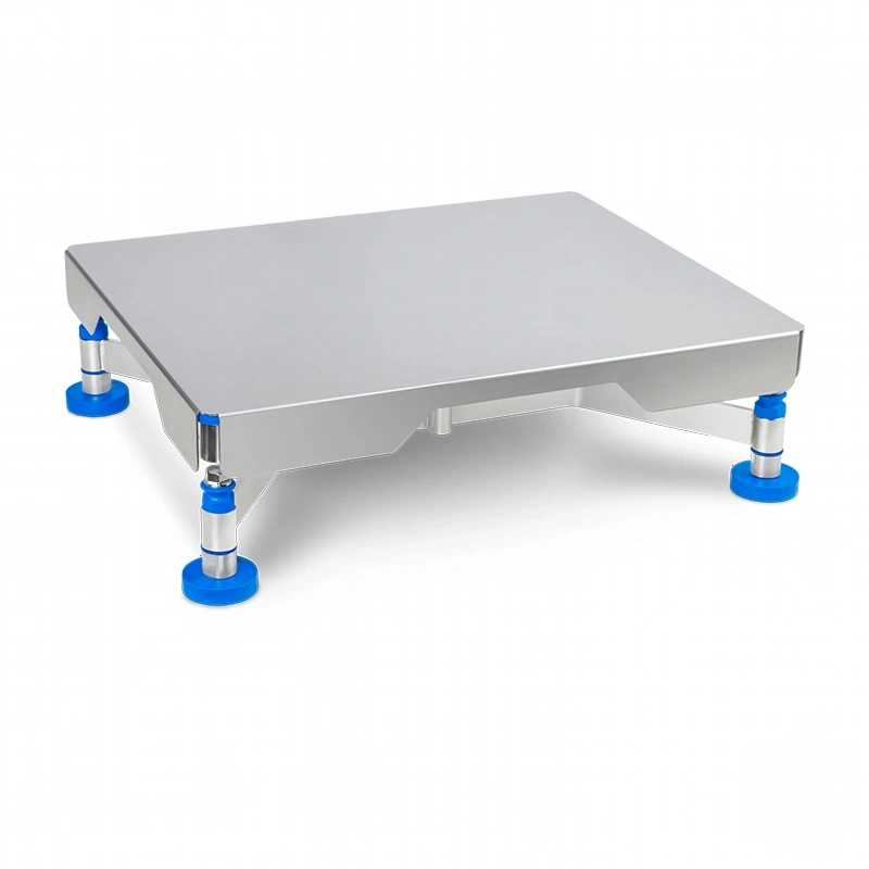 Silver stainless steel weighing platform with blue plastic adjustable feet