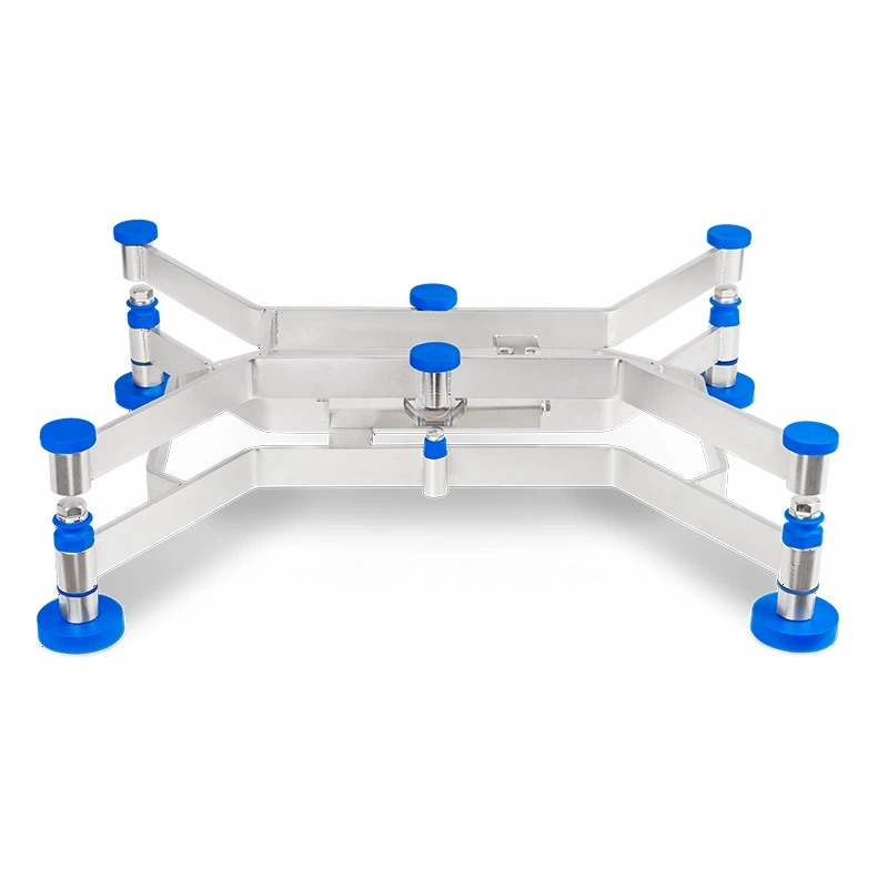 Silver metallic adjustable stand with blue plastic caps on its four legs and central adjustment knobs