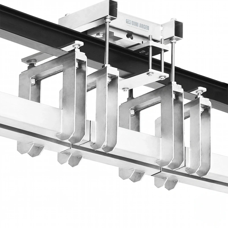 Silver metallic industrial cable management clamps with a sleek, rectangular design and visible bolted fastenings