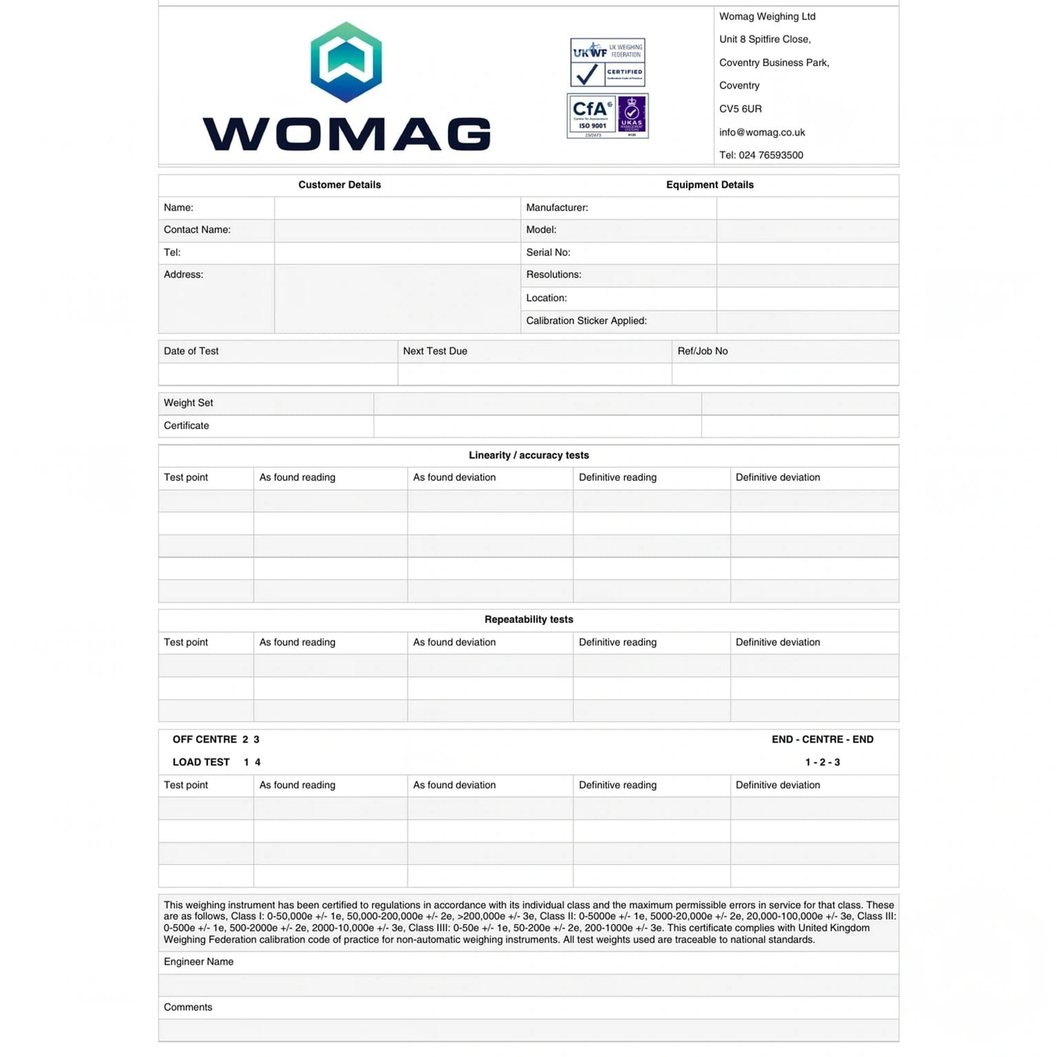 Womag calibration certificate for a precision weighing instrument