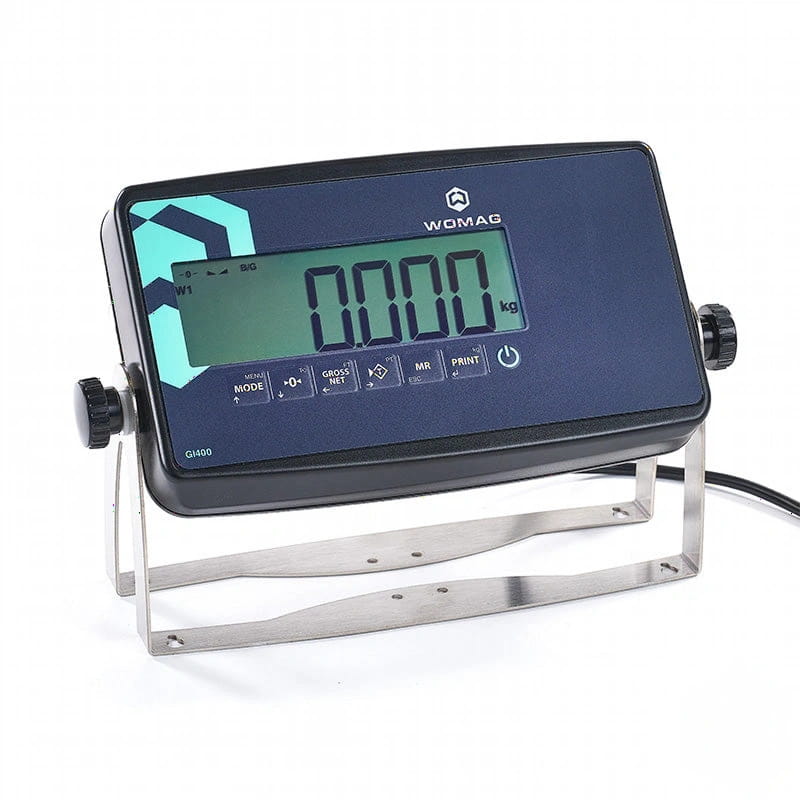 Black digital weighing scale with a teal and dark blue display screen, featuring the womag brand logo and model number gh400