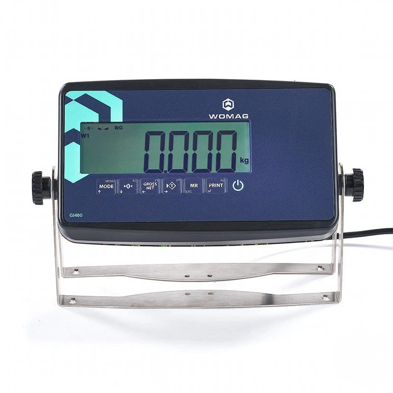 Blue digital scale with black bezel and stainless steel stand, branded womag model gi480