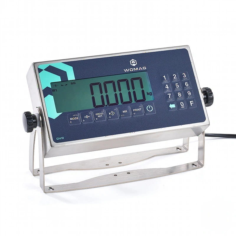 Stainless steel digital scale with a dark blue display panel, teal geometric logo accent, and black keypad buttons
