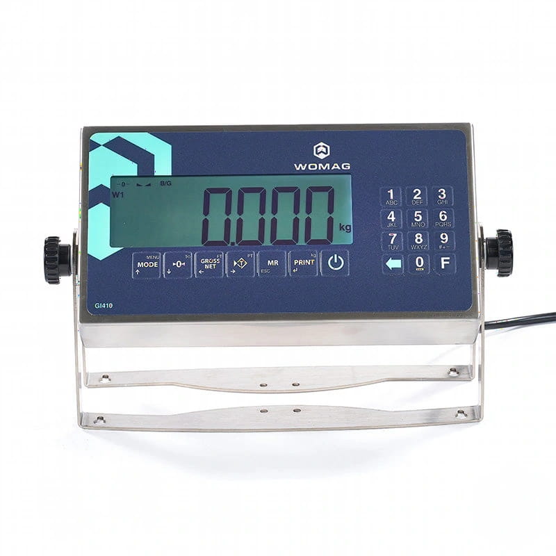 Womag g1410 digital scale with a blue display screen and stainless steel housing