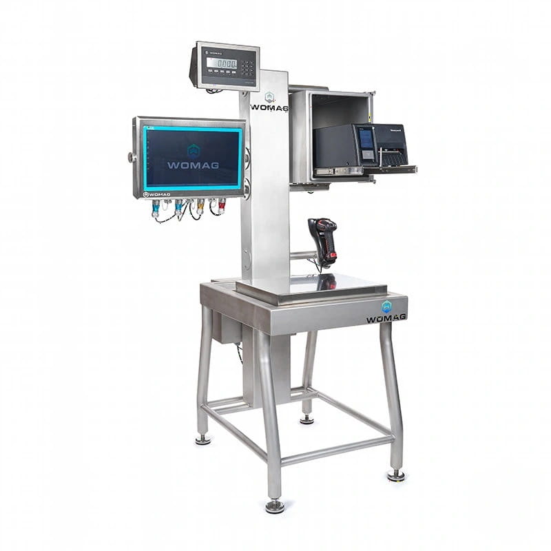 Industrial-grade stainless steel wo mag meat weighing and labeling machine with digital display, barcode scanner, and integrated control panel