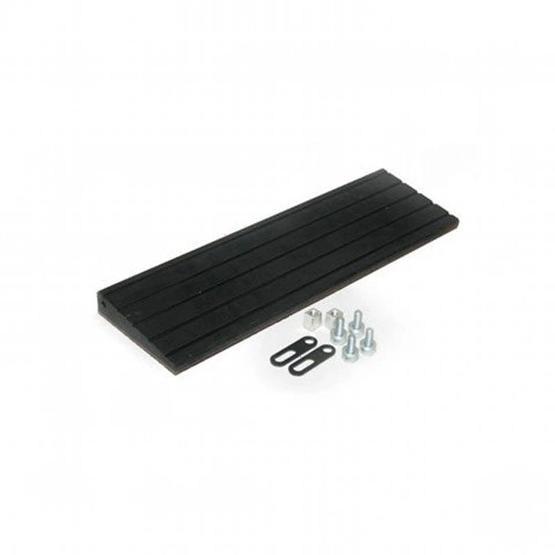Black rectangular magnetic strip with parallel grooves, accompanied by metal mounting hardware