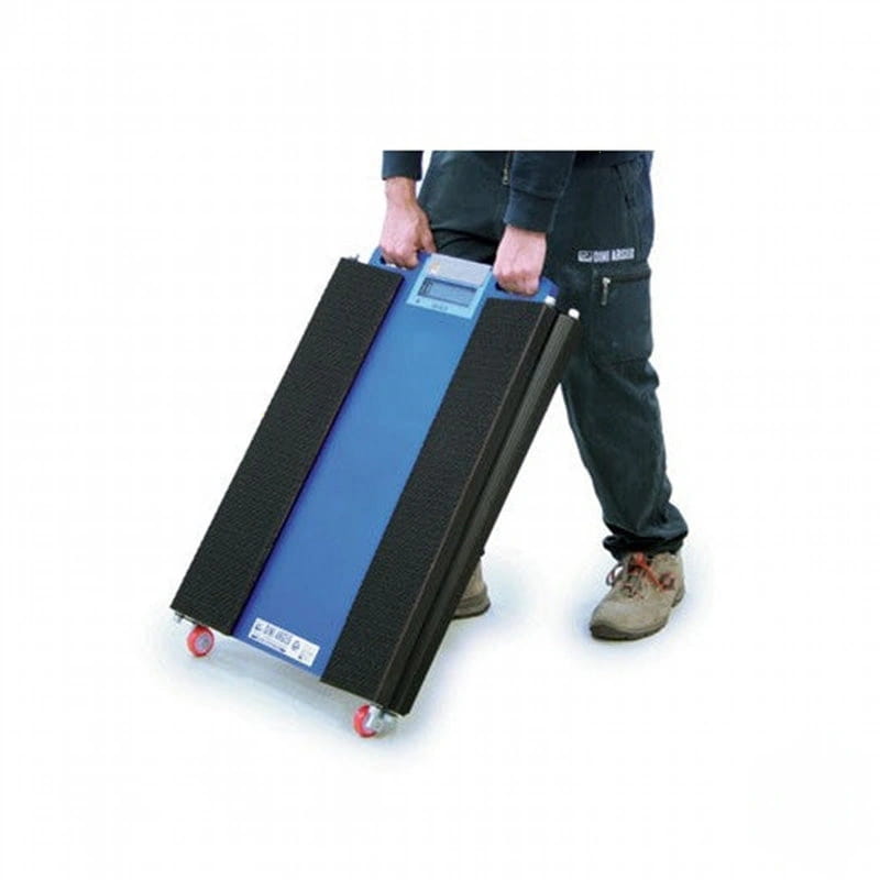 Blue and black wheeled industrial scale with a digital display