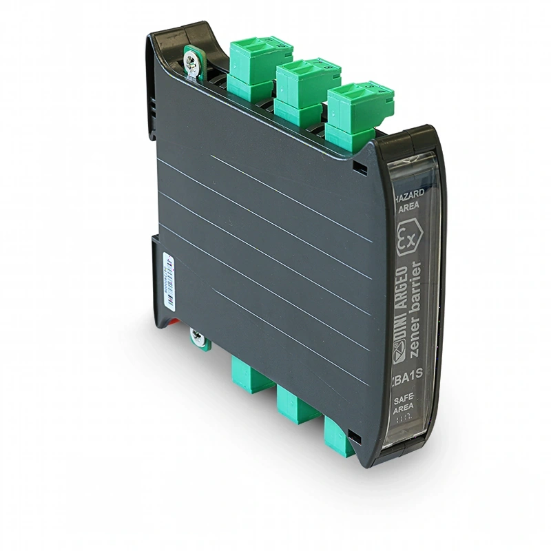 Black din rail mounted safety barrier with green terminal blocks and a transparent cover displaying ’dini arceo zener barrier ba1s’ branding