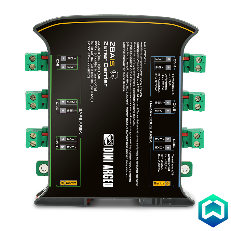 The Zener Barrier ZBA1S is the perfect solution for the connection between a weighing terminal and a weight receiver system in the ATEX ZONE. ZBA1S integrates three barriers in one, protecting the excitation line, signal and sense. This feature makes the installation easier, especially in small spaces. This saves time and money.