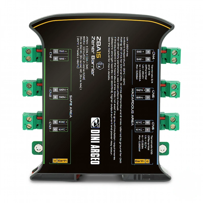 Black zenair barrier with green terminal blocks and yellow accents