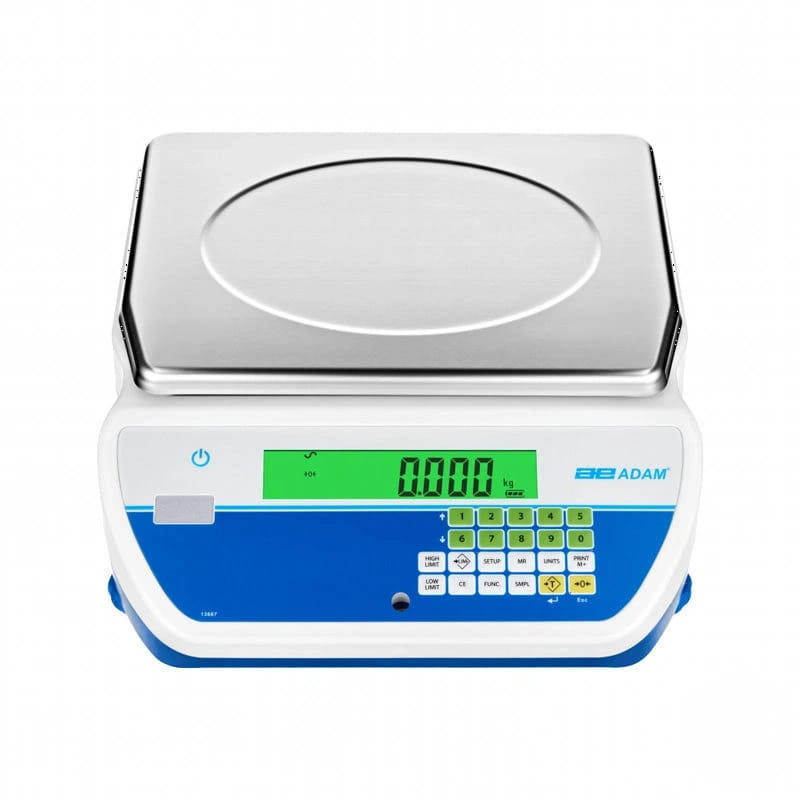 White and blue digital scale with a stainless steel weighing platform, branded ’bb adam’