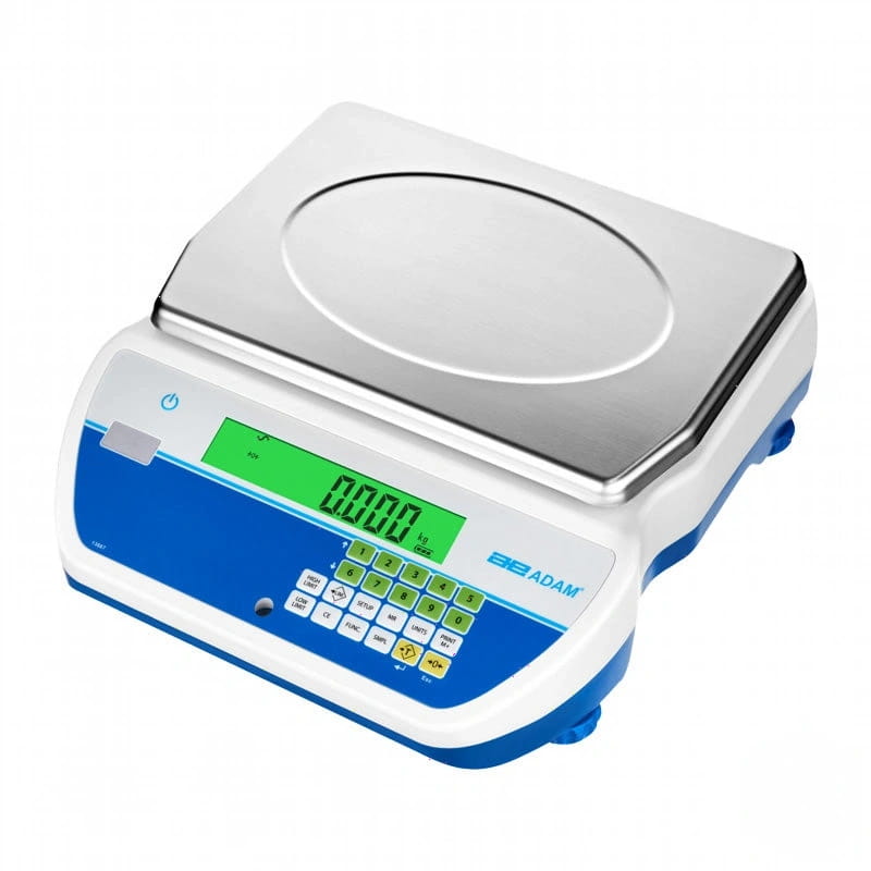 Blue and white digital scale with a stainless steel weighing platform
