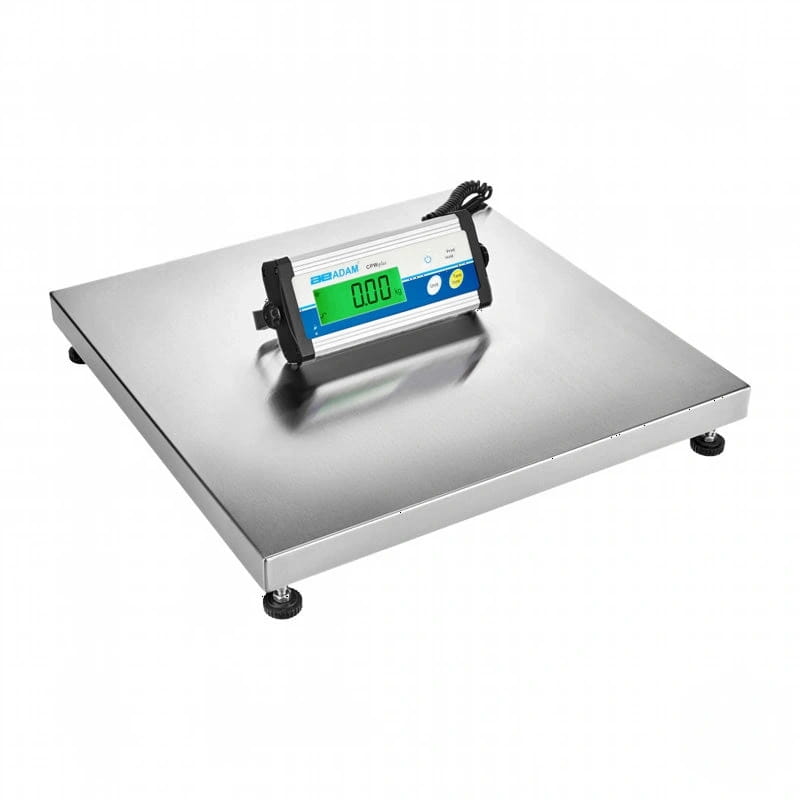 Stainless steel digital platform scale with a black and blue display unit showing ’0.00’’