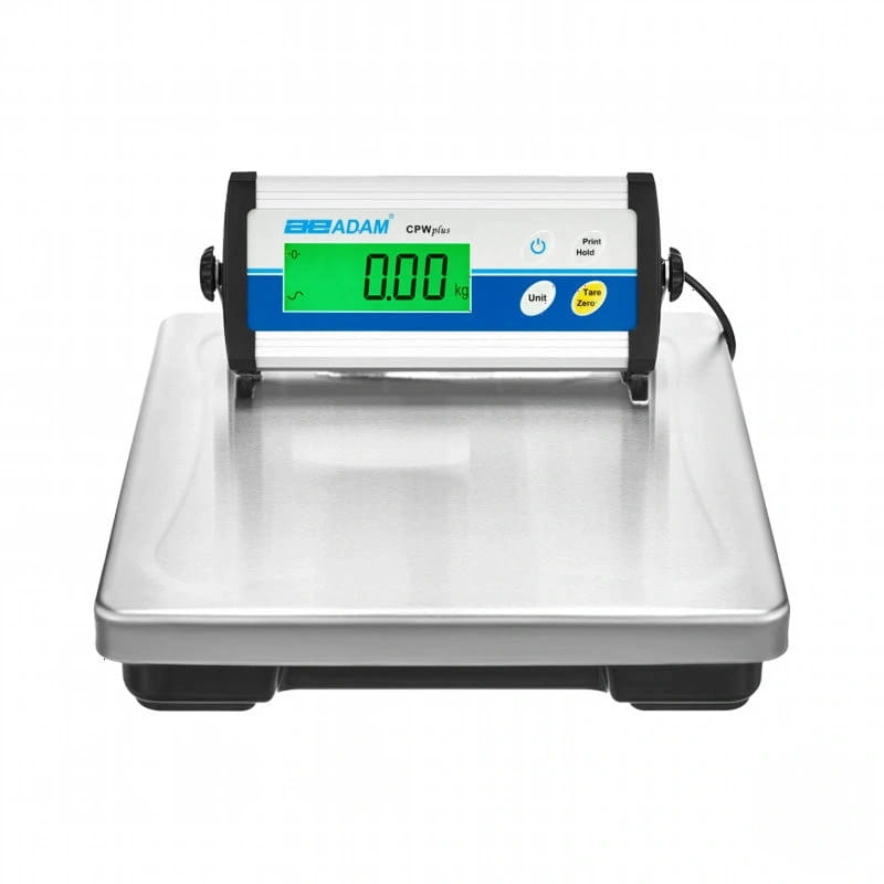 Silver digital platform scale with a blue and white display panel showing ’0.00 kg’ and labeled as the b&adam cpwplus model