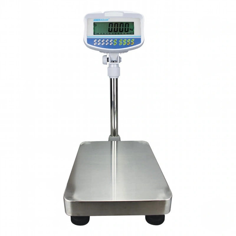 White digital platform scale with a stainless steel weighing surface and black casters