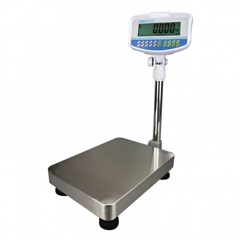 Stainless steel platform scale with a white digital display and blue control panel