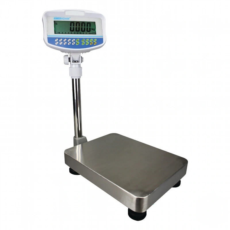 White digital platform scale with a stainless steel weighing surface and blue-accented control panel