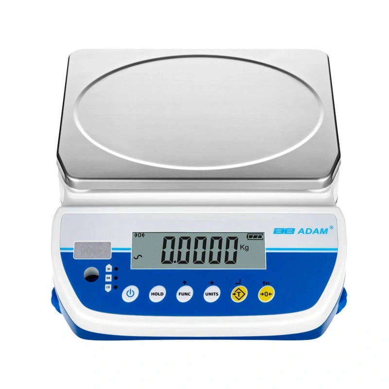 Blue and white digital scale with a stainless steel weighing platform