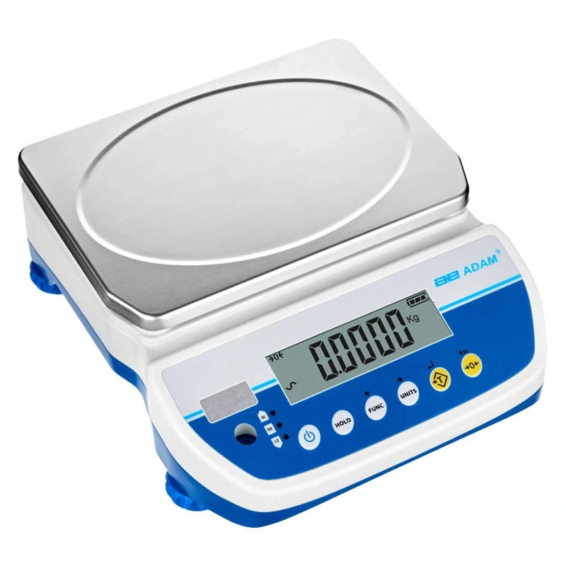 Blue and white digital scale with a stainless steel weighing platform