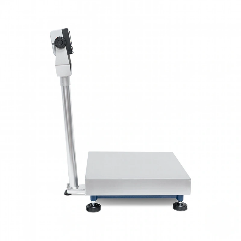 Silver industrial scale with a digital display and adjustable leveling feet