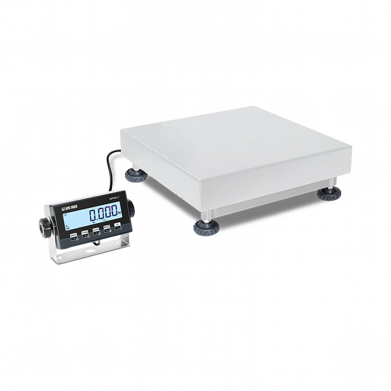 White digital platform scale with black feet and a separate black display unit