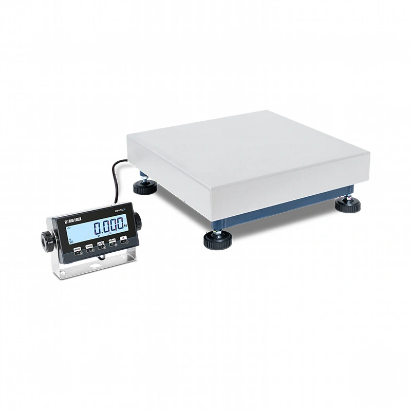 White digital platform scale with a black display unit and blue base