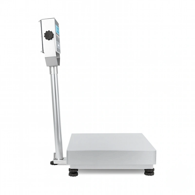 Silver industrial scale with a rectangular weighing platform and a vertical column supporting a digital display unit
