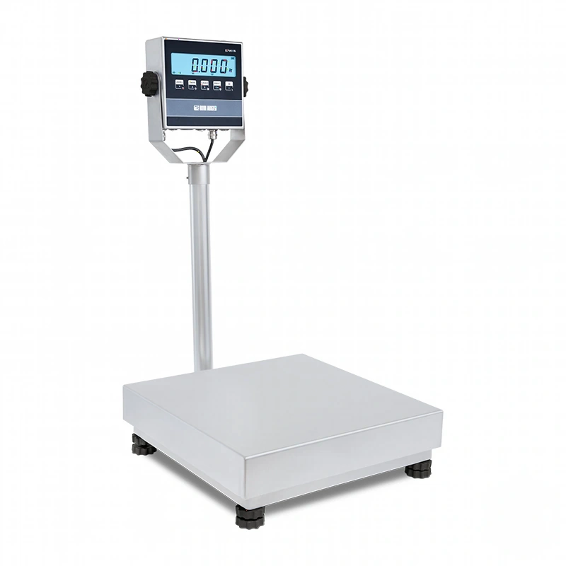 Silver digital platform scale with a rectangular weighing surface and black feet