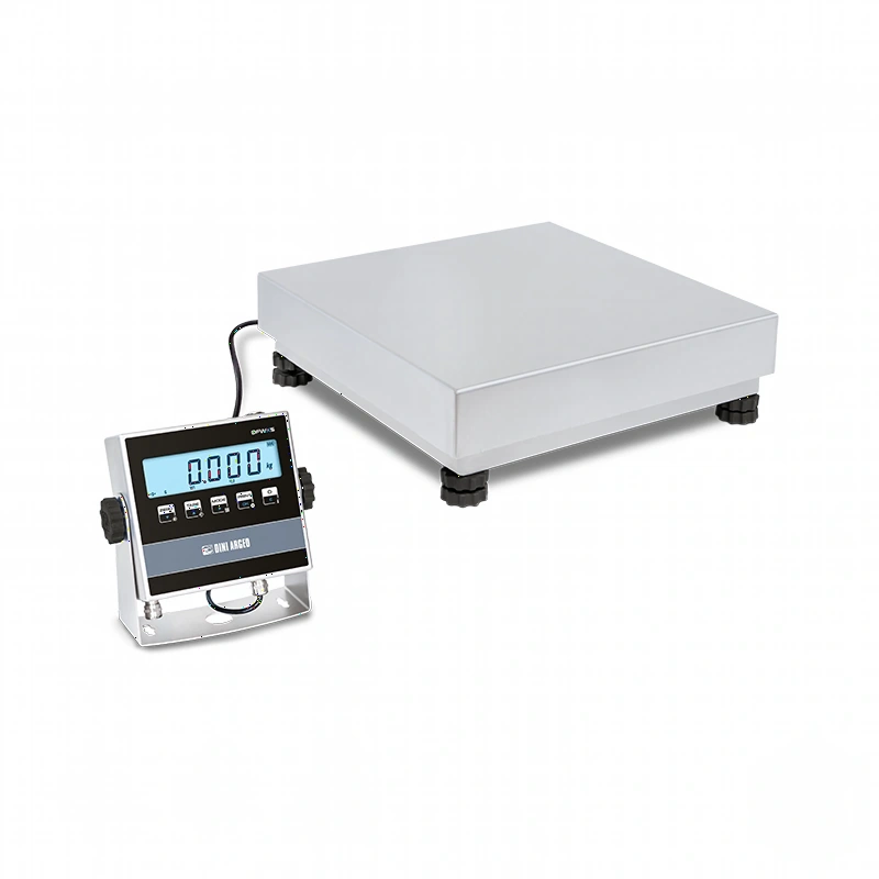 Silver industrial digital scale with black feet and a display unit showing ’0.00 kg’