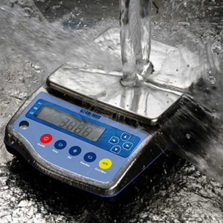 Blue digital scale with a stainless steel weighing platform, displaying ’30.66’’ as water flows over it