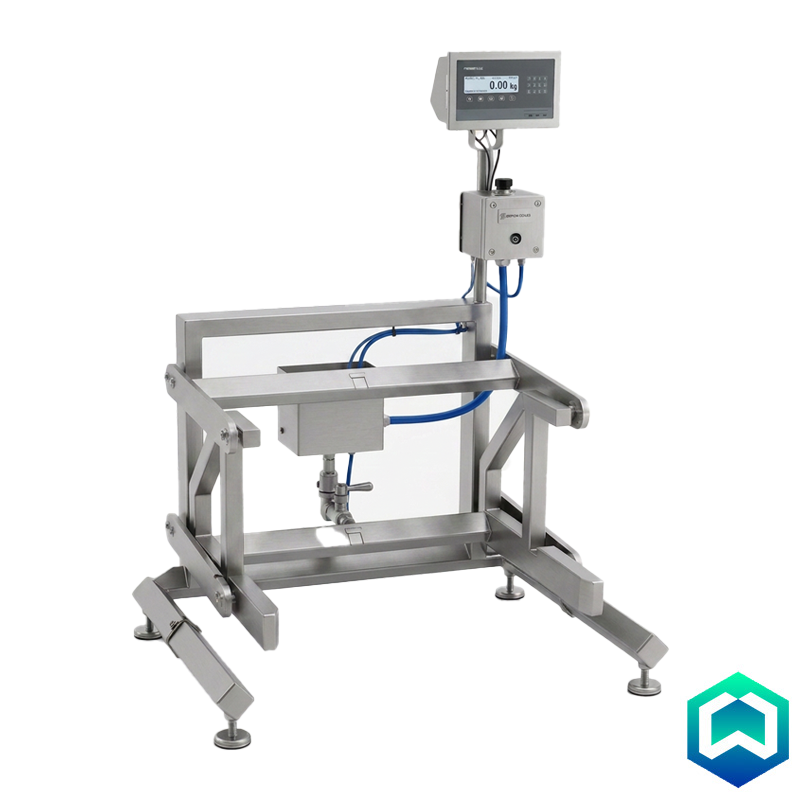 A stainless steel industrial weighing scale stand with a digital display screen, control box, blue tubing, and adjustable support legs, shown on a plain white background.