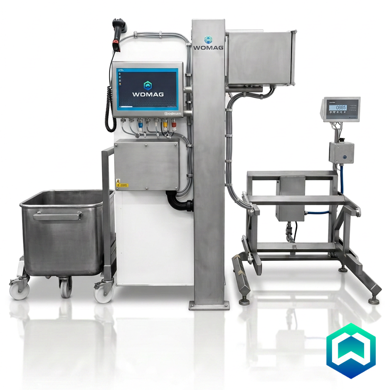 Industrial WOMAG weighing and dosing machine system with a digital display screen, metal cart, and weighing platform on a white background.