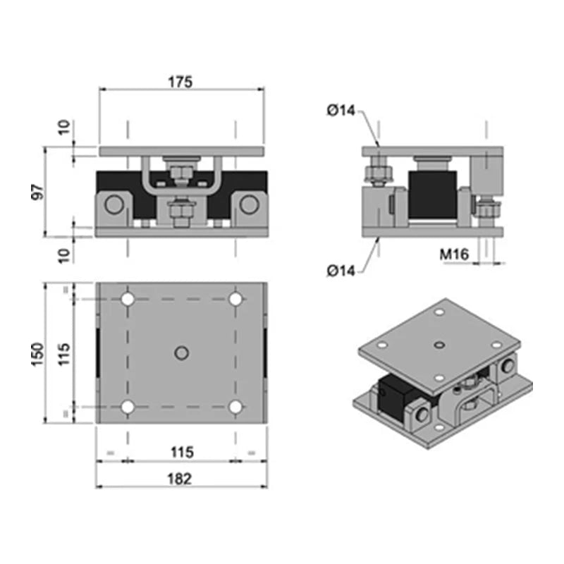 Gray metal mounting bracket with black plastic components and threaded holes for secure attachment