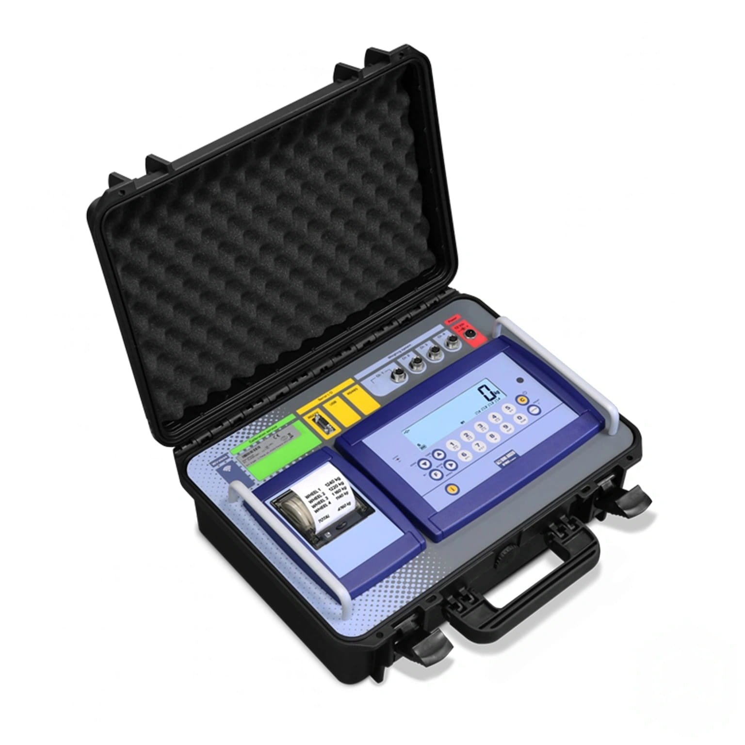 Purple digital test instrument housed in a black protective case with foam lining