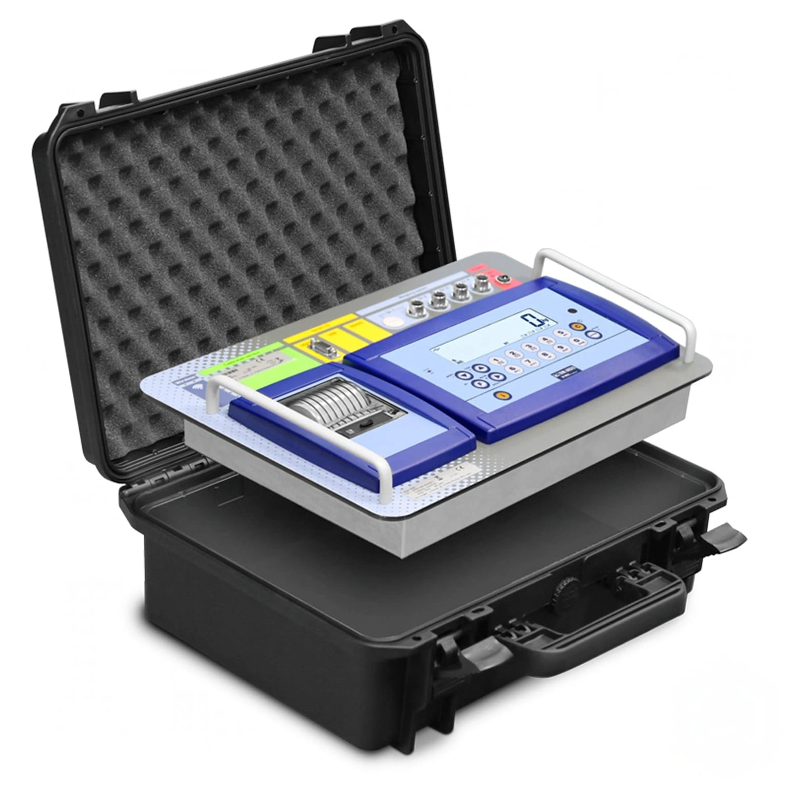 Blue and gray portable test instrument housed in a black protective case