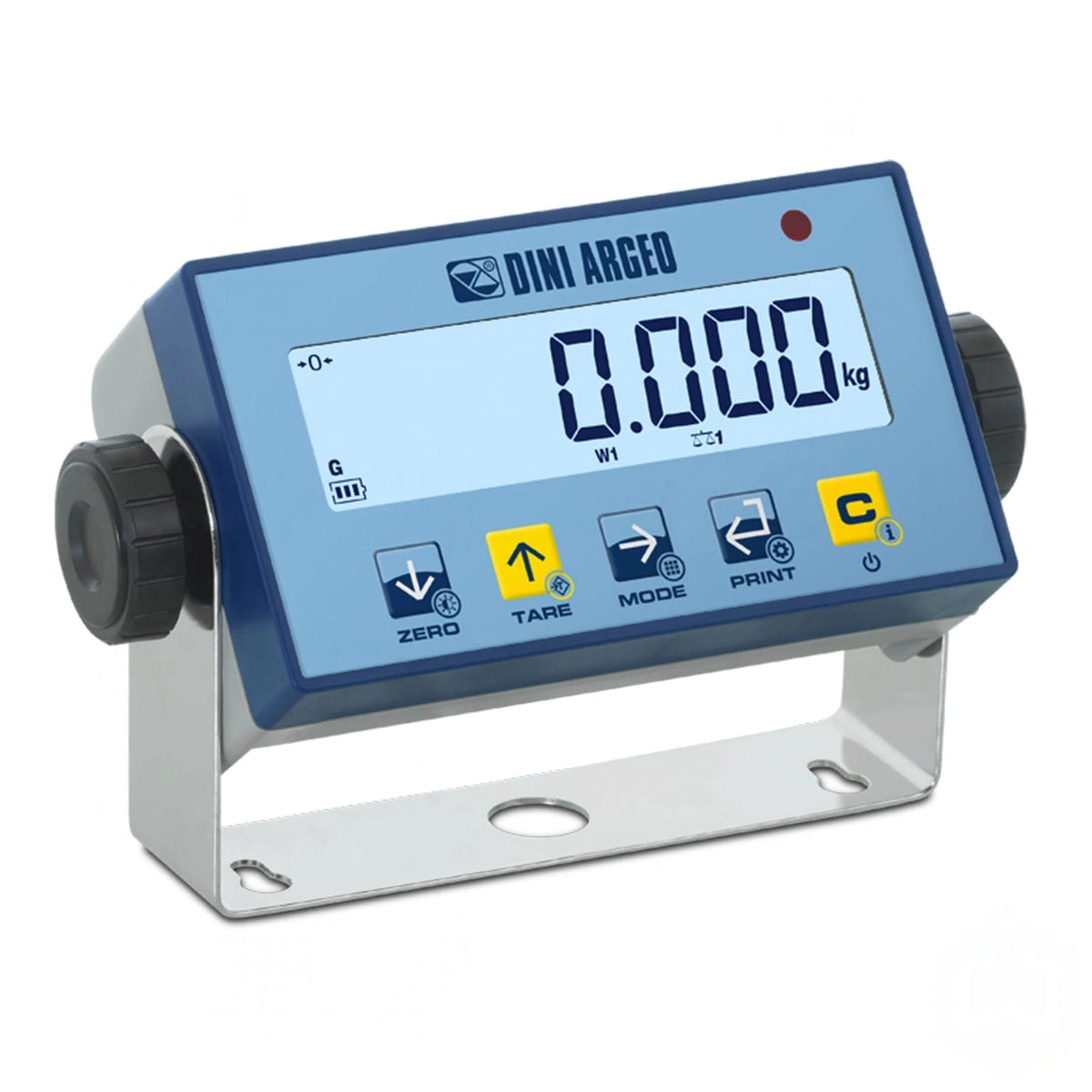 Blue and silver digital weighing scale with black rotary knobs, branded dini argeo