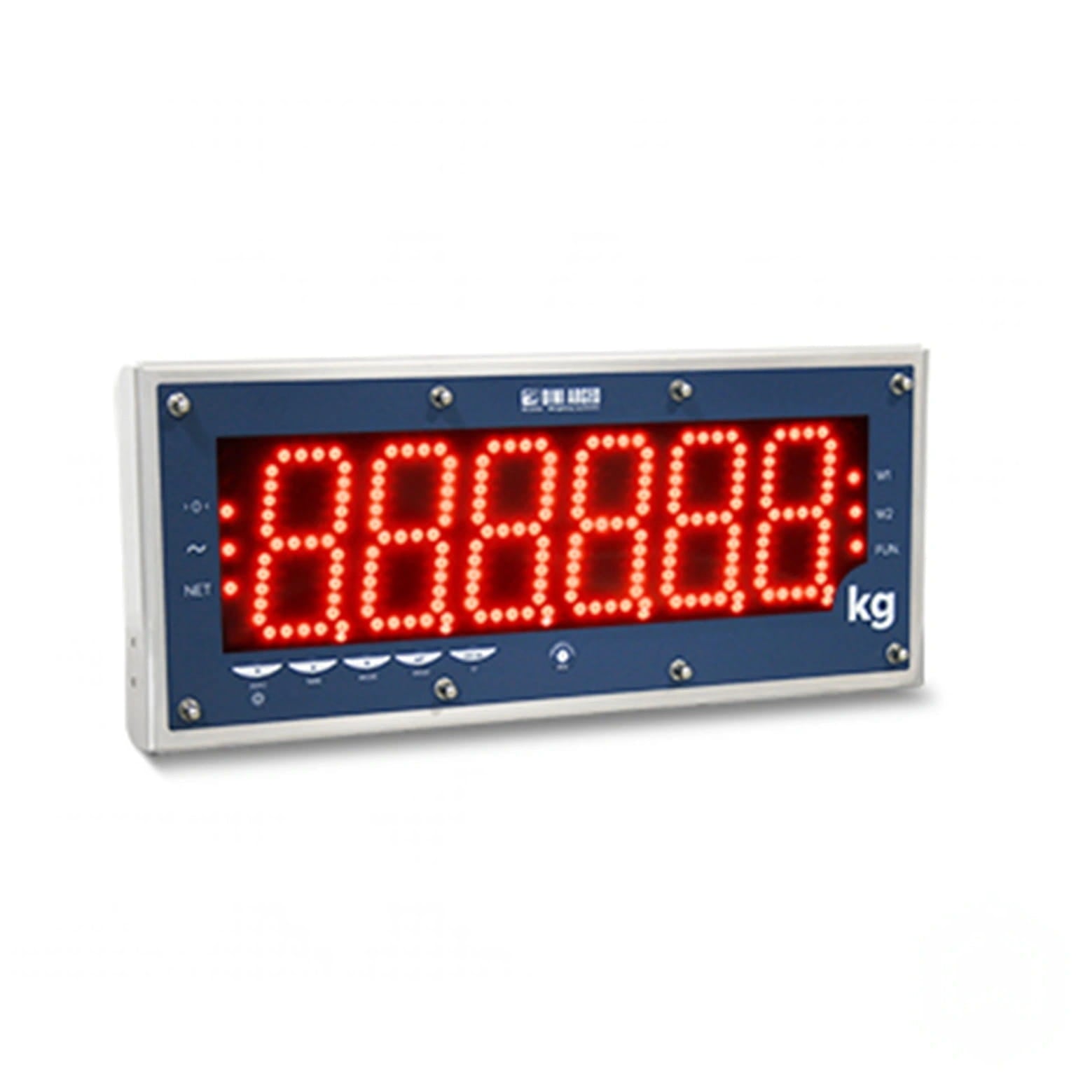 Red led digital display panel with a blue face and silver frame, showing weight measurements in kilograms