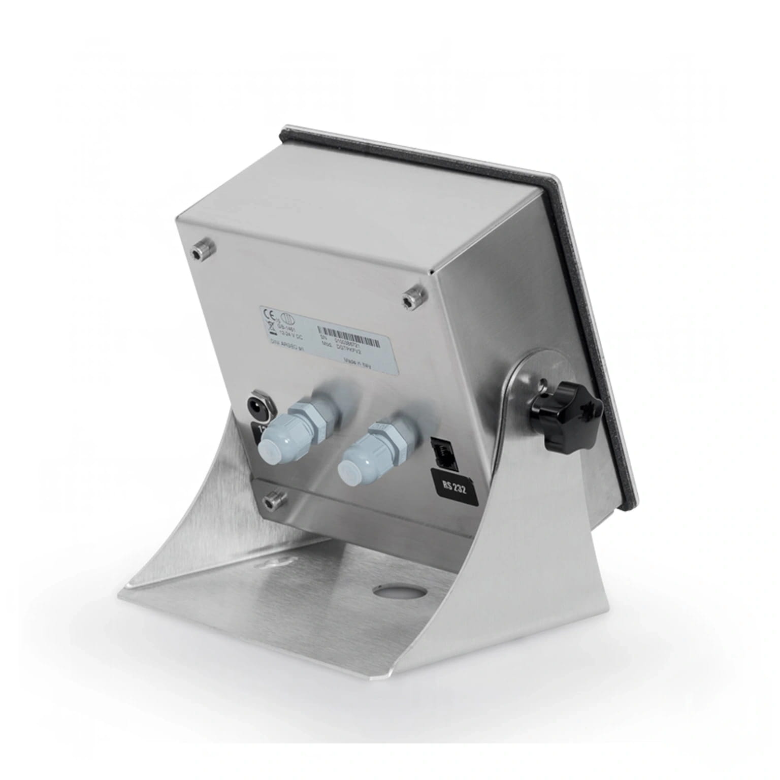 Stainless steel industrial sensor unit with two light blue connectors and a black adjustment knob